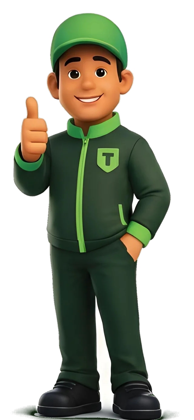 Trakxi mascot, a smiling driver in a green uniform giving a thumbs up